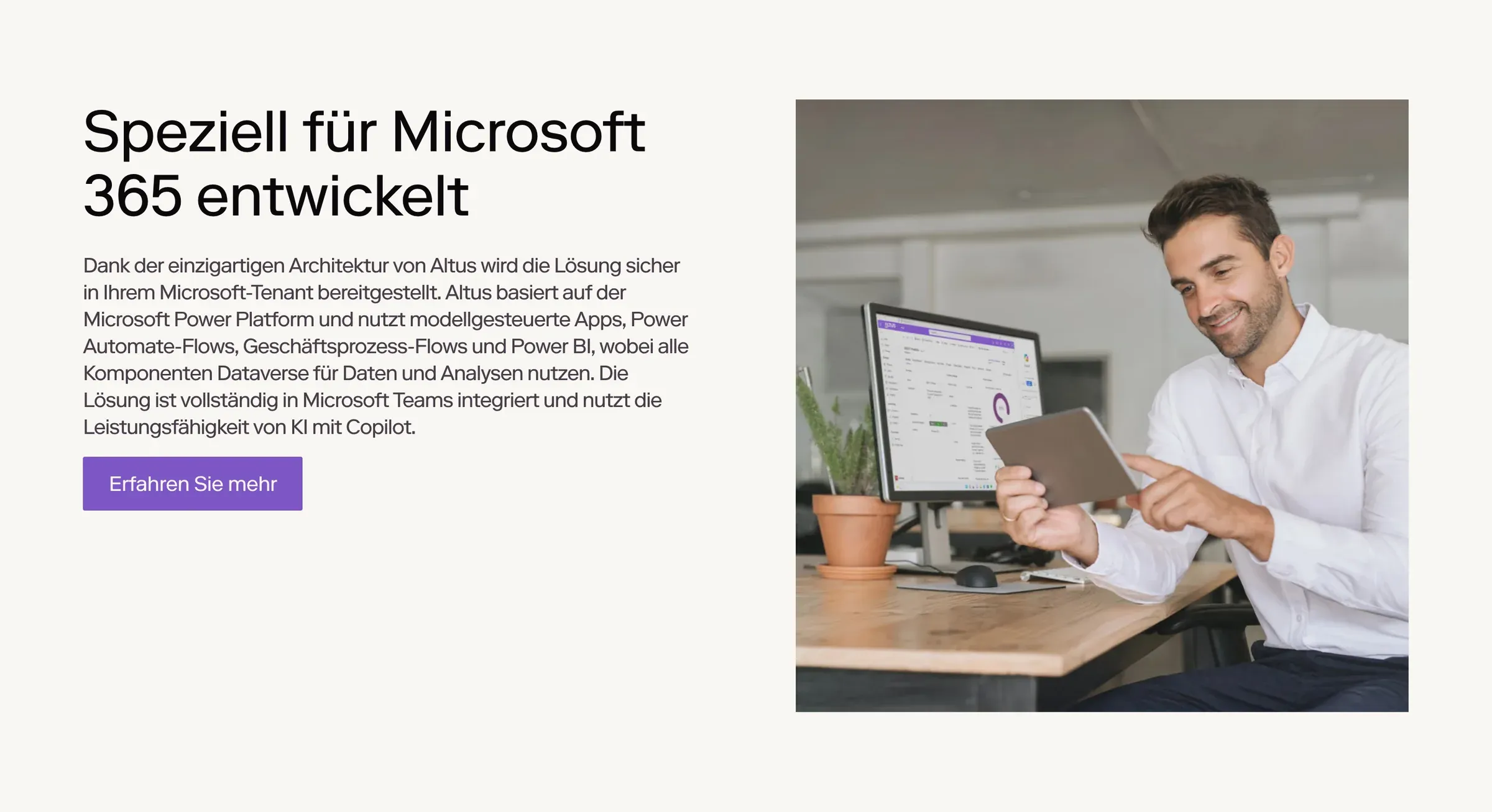 The Altus “Purpose-built for Microsoft 365” section in German