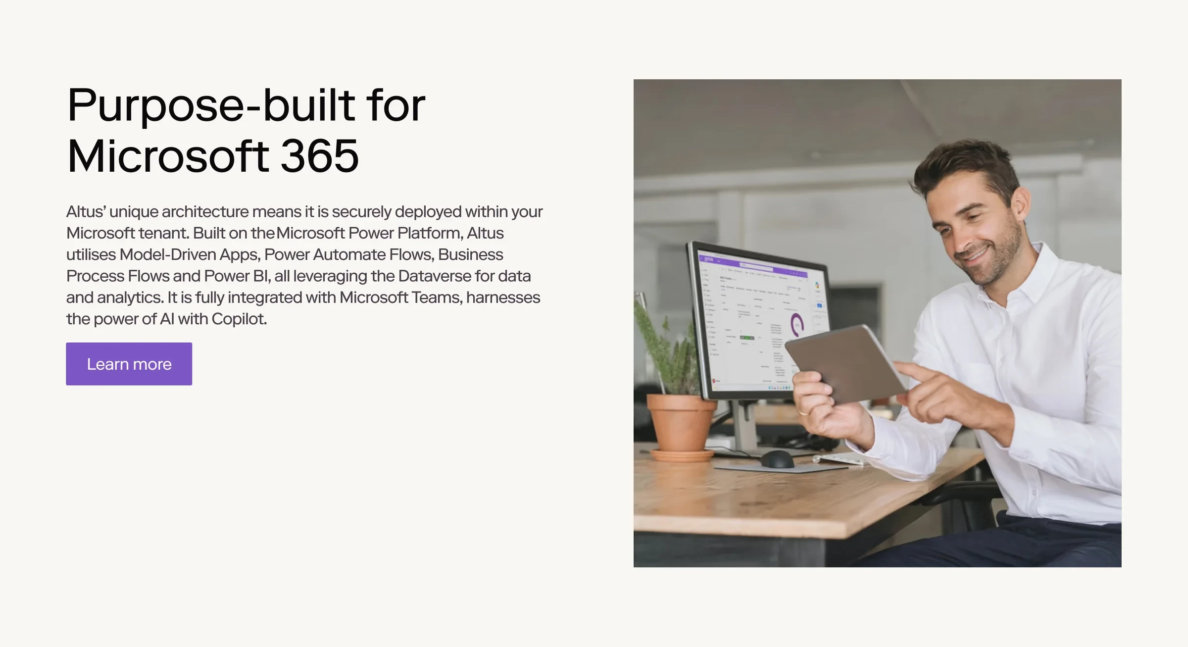 The “Purpose-built for Microsoft 365” section in English