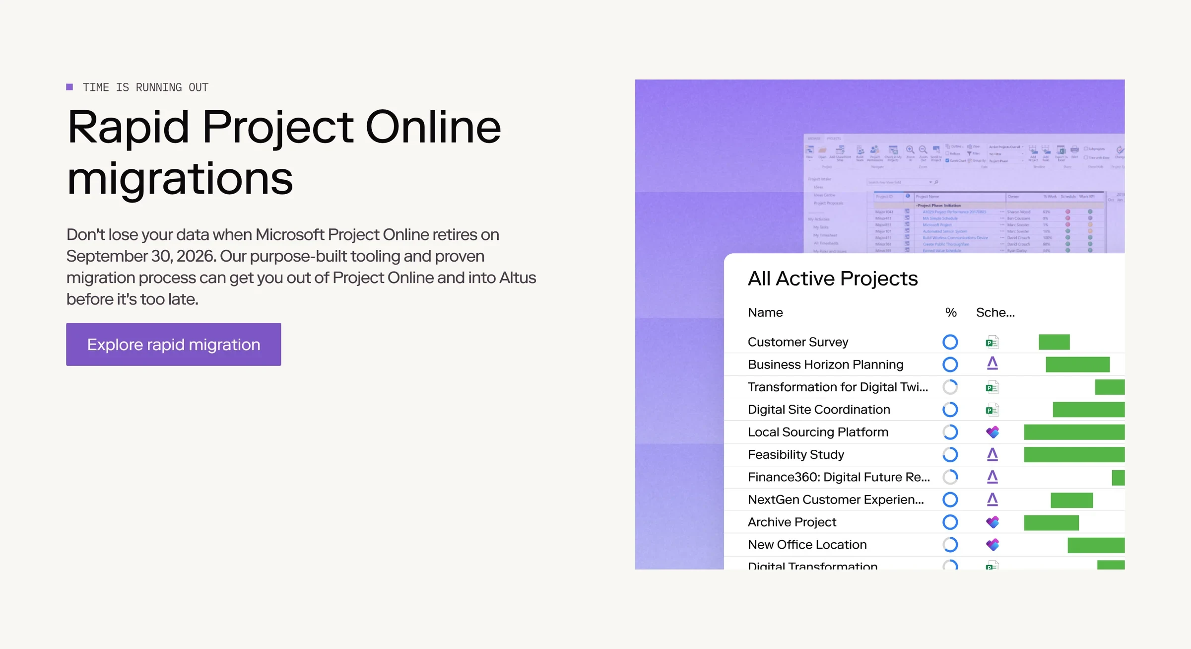 The Rapid Project Online migrations section, in Altus purple