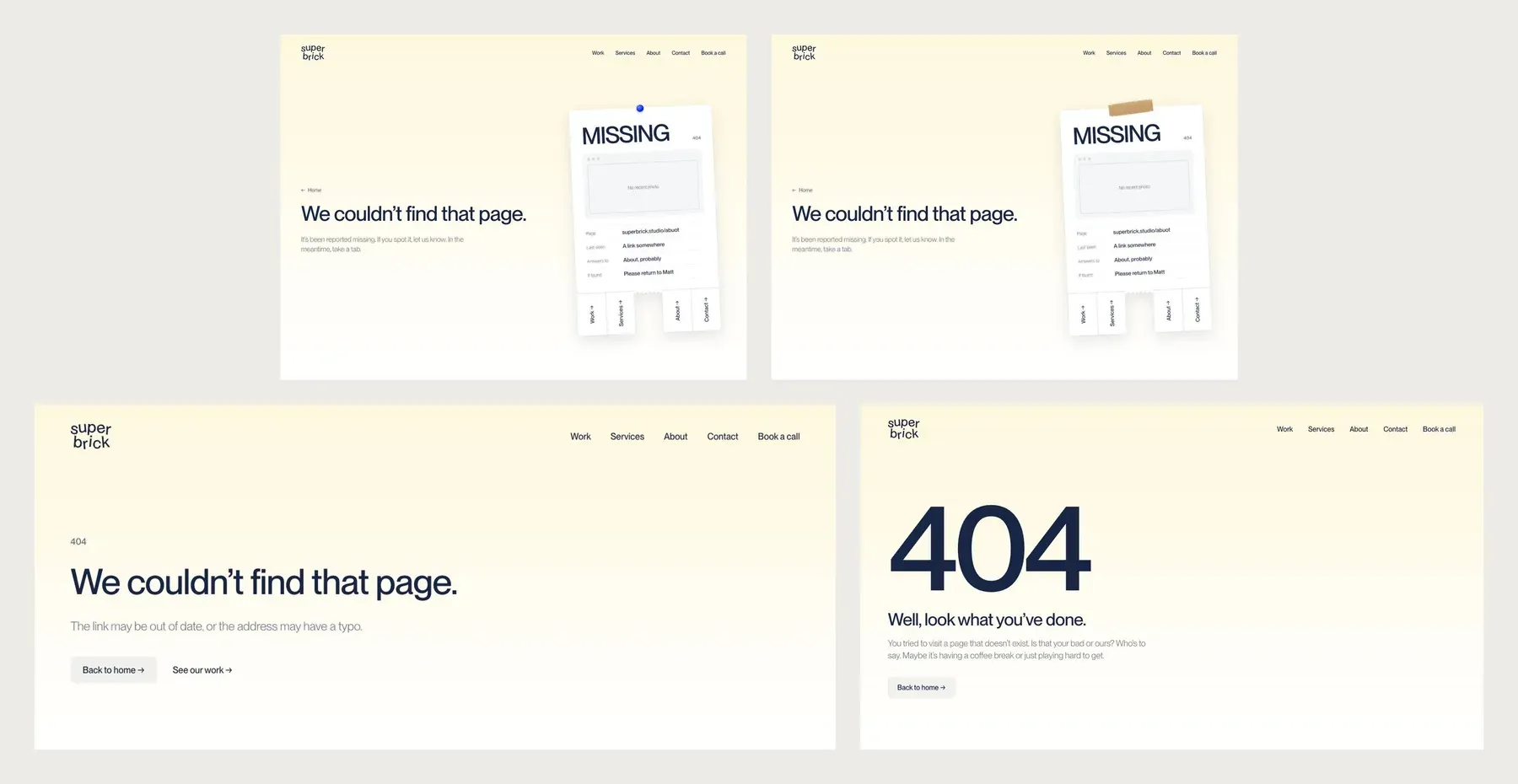 Four versions of the 404 page: a missing poster held by a pin, the same poster held by tape, a plain page, and a big 404