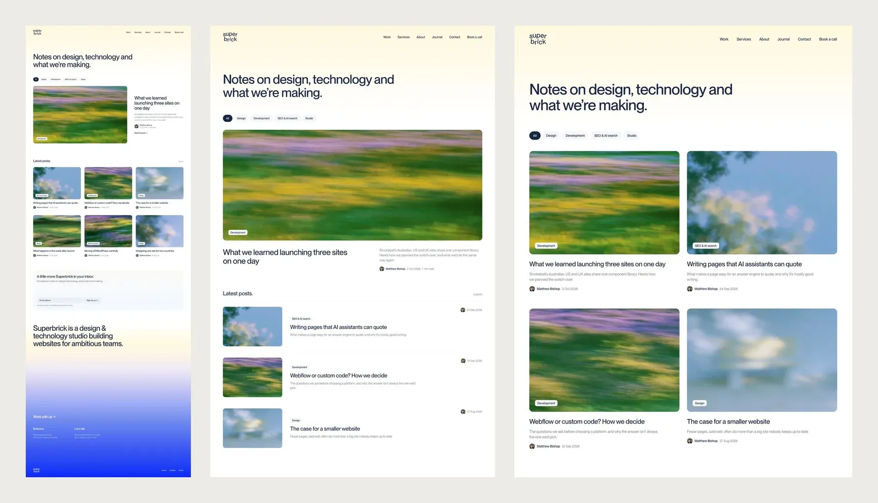 Three versions of the journal page side by side on the Paper canvas: a featured post with a grid, a list of posts, and a two-column grid of large photos