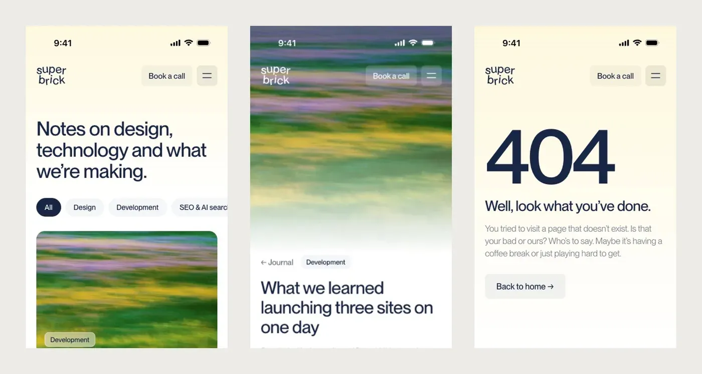 Phone designs for the journal page, a journal post with its photo behind the navigation, and the 404 page