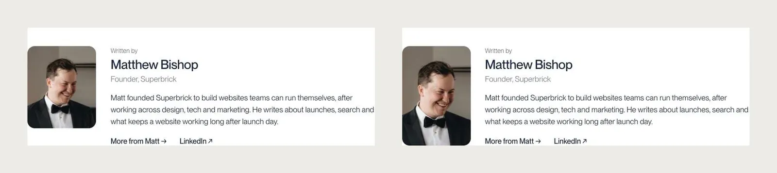The author sign-off before and after: on the left the portrait stops short of the text beside it, on the right it matches the text’s full height