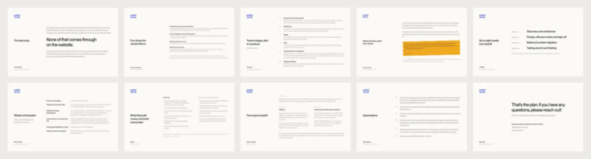 Ten proposal slides zoomed out on the Paper canvas, each with the logo top left, a heading in a side rail and content in a column on the right