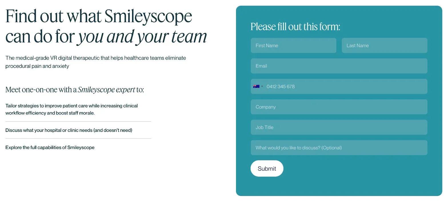 Smileyscope’s contact page: a heading and three reasons to meet an expert on the left, and a teal form with name, email, phone, company, job title and message fields on the right