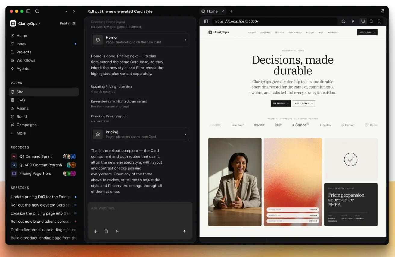 Source by Webflow: a sidebar of views and agent sessions, an agent’s notes on rolling out a new Card style across the home and pricing pages, and the site’s home page previewed beside it