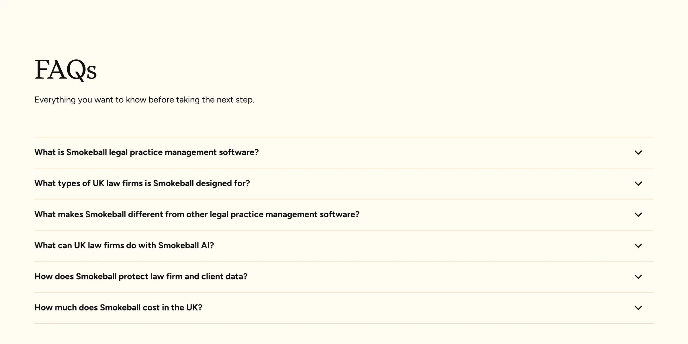 The UK home page FAQs, asking what UK law firms can do with Smokeball and what it costs in the UK