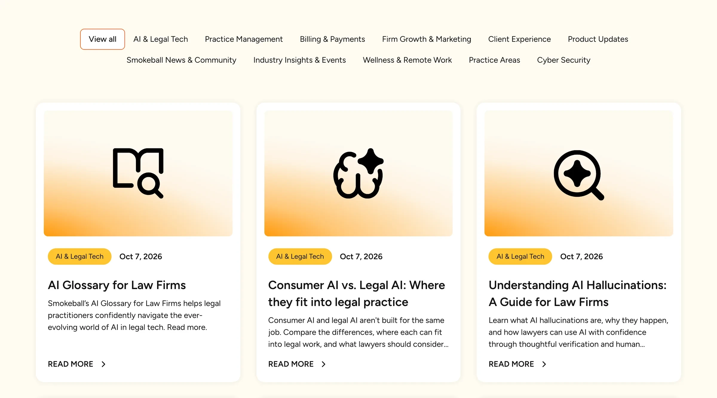 The Smokeball US blog: category filters over a grid of article cards