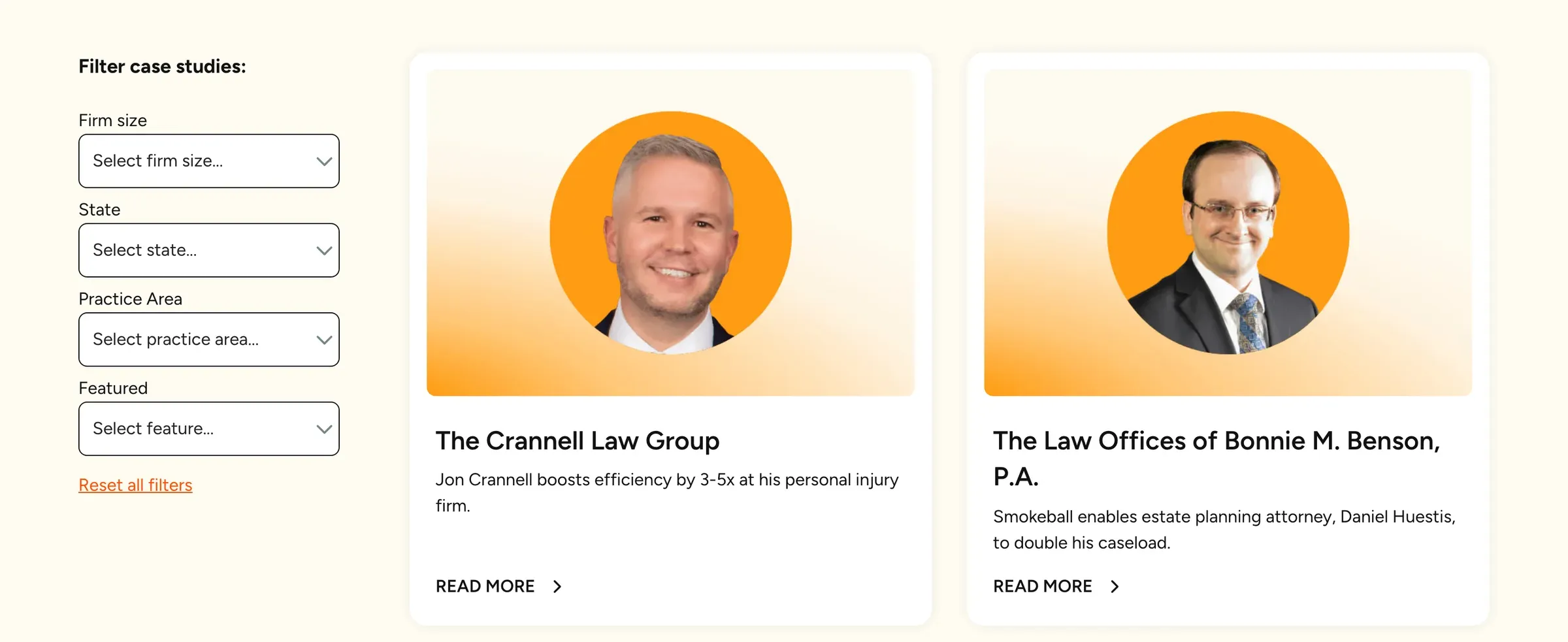 Smokeball’s US case studies, with filters for firm size, state and practice area over a grid of case study cards