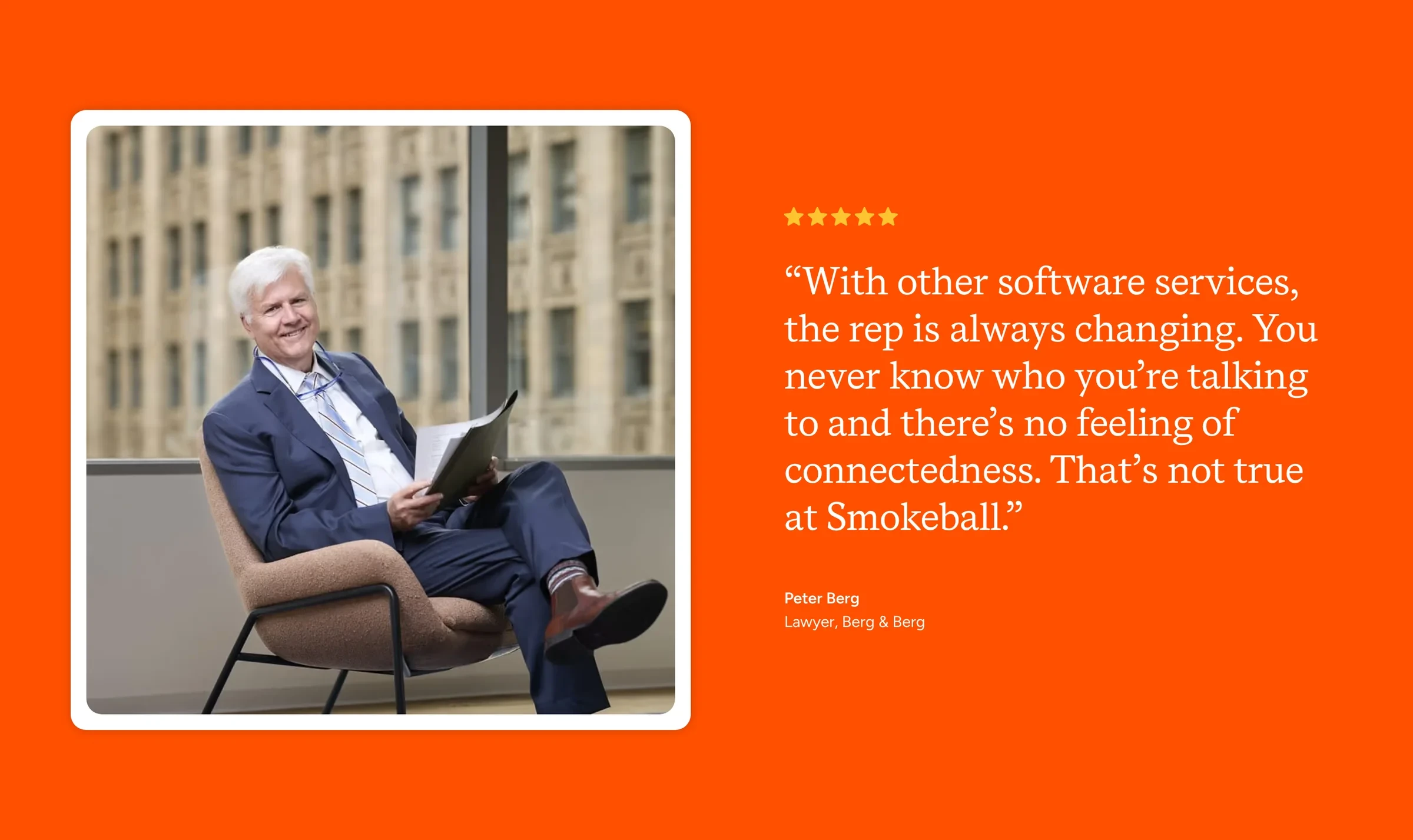 A customer quote from a US law firm, with their portrait, on the US home page